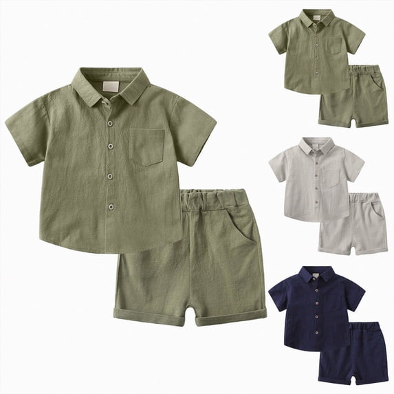 Gubotare Toddler Baby Boy Linen Outfits Solid Color Short Sleeve Lapel Button Down Shirt and Shorts Summer Clothes Set (Army Green, 4-5 Years)