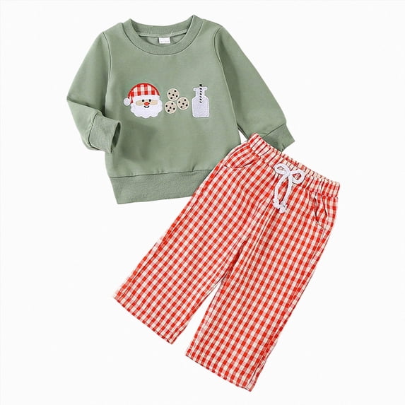 Gubotare Toddler Baby Boys Christmas Outfits Long Sleeve Embroidery Sweatshirt Gingham Plaid Pants Two Piece Smocked Clothes Green,Size 18-24 Months