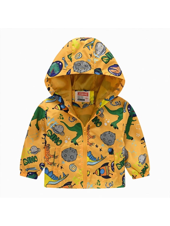 Toddler Baby Boys Girls Hooded Jacket Windbreaker Lightweight Dinosaur Print Coat Autumn Long Sleeve Windproof Outwear (Yellow, 18-24 Months)