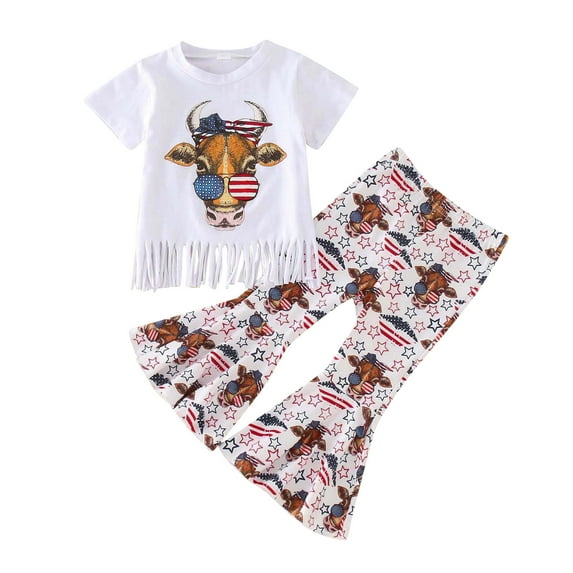 Gubotare Toddler Baby Girl 4th Fourth of July Outfit Short Sleeve Retro Shirt Top American Flag Bell Bottoms Pants Clothes 12 18 24 Months 2T 3T 4T 5T,White 3-4 Years