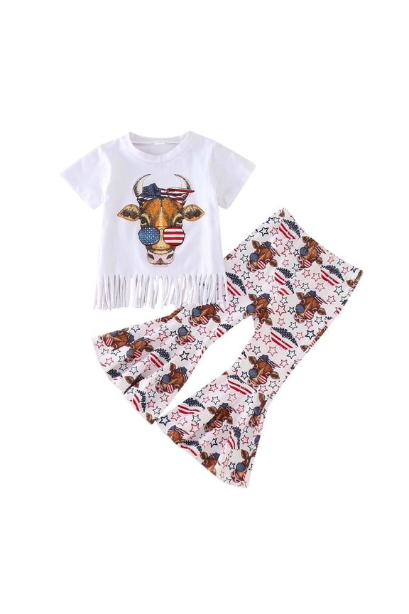 Toddler Baby Girl 4th Fourth of July Outfit Short Sleeve Retro Shirt Top American Flag Bell Bottoms Pants Clothes 12 18 24 Months 2T 3T 4T 5T,White 3-4 Years