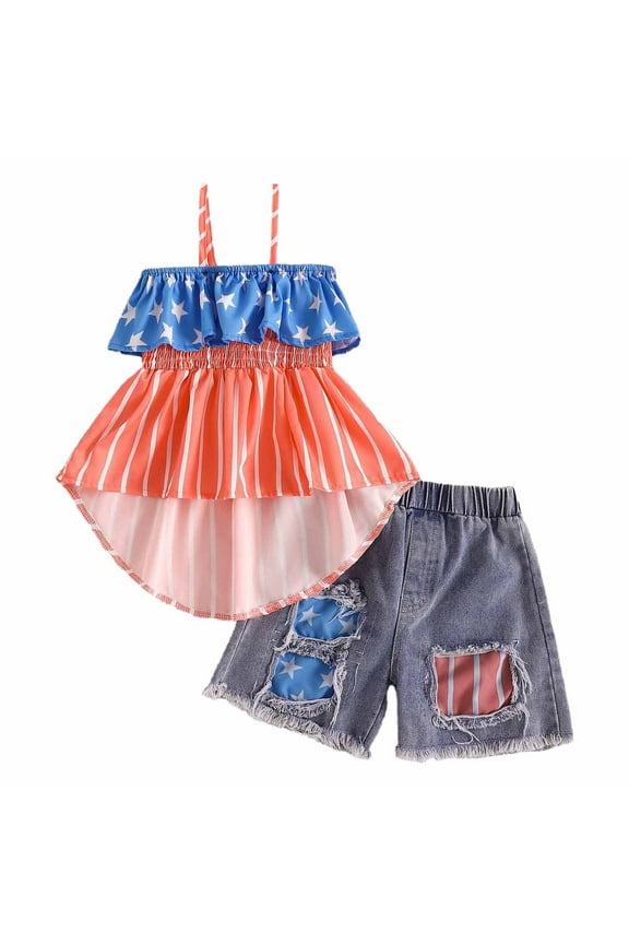 Toddler Baby Girl 4th of July Outfit, USA Flag Halter Top Dress + Denim Shorts Summer Clothes Set 24 Months 2T 3T 4T 5T 6T,Blue 1-2 Years