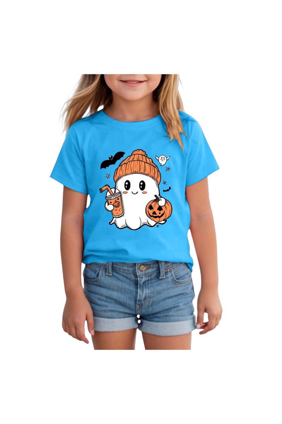 Toddler Baby Girl Halloween T-Shirts Cute Pumpkin in The Patch Graphic Shirts Kid Short Sleeve Tees Vintage Top Halloween Outfits for Toddler Girls (Blue,1-2 Years)