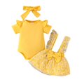 thumbnail image 1 of Gubotare Toddler Baby Girls Summer Outfit Short Sleeve Ribbed Tops + Flower Suspender Overalls Shorts Set Kids Cute Clothes 0 3 6 9 12 18 24 Months (Yellow,Size 12-18 Months), 1 of 9