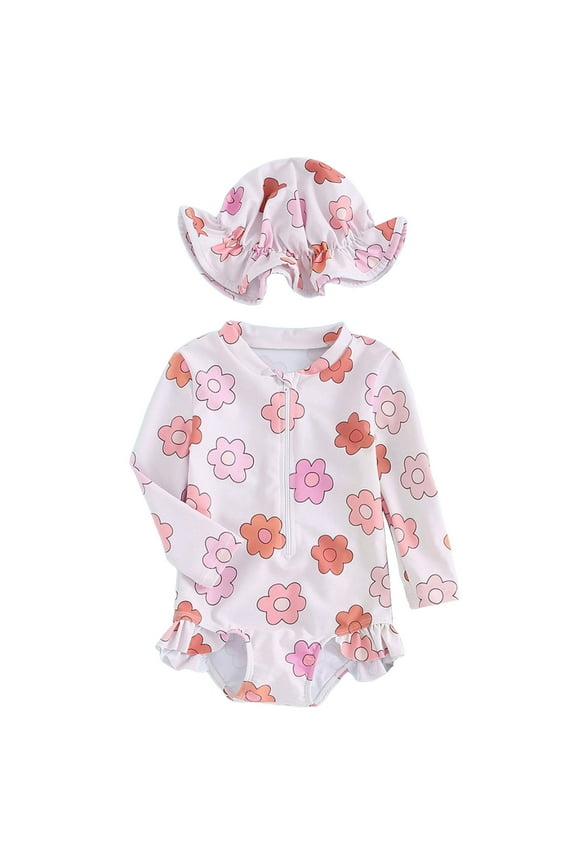 Toddler Bathing Suit Girl Kids Girls Rashguard Swimsuit UV 50+ Long Sleeve One Piece Swimwear Zip Size 18-24 Months (Red,18-24 Months)