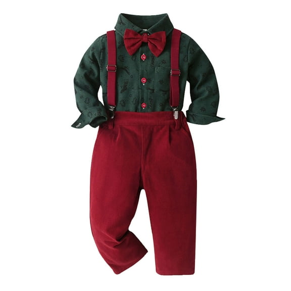 Gubotare Toddler Boy Gentleman Outfit Boys Clothes Set Infant Tuxedo Long Sleeve Gentleman Suit Outfits Beret Hat Suspender Pants Bowtie Baby 4T 5T,(Green 4-5 Years)