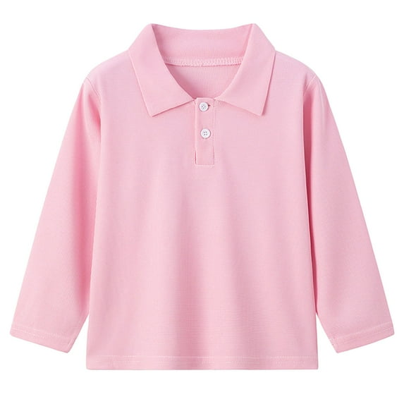 Gubotare Toddler Boy Polo Shirt Girls' Long Sleeve Polo Shirt School Uniform Interlock Polo Shirt with Picot Collar, Button Closure Size 6-7 (Pink,6-7 Years)