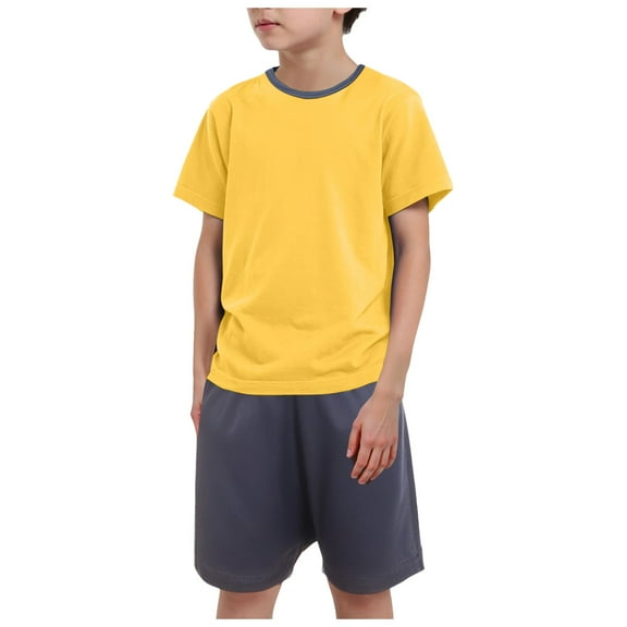 Gubotare Toddler Boy Summer Clothes Color Block Toddler Boy Summer Outfit Short Sleeve T Shirt Top Casual Shorts Set Waffle Clothes (Yellow,Size 6-7 Years)