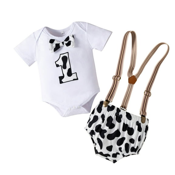 Gubotare Toddler Boy Summer Outfits Baby Boy First Birthday Print Short Sleeves T-Shirt Suspender Shorts Set Boy Clothes Set 0 3 6 12 18 24 Months (White,12-18 Months)