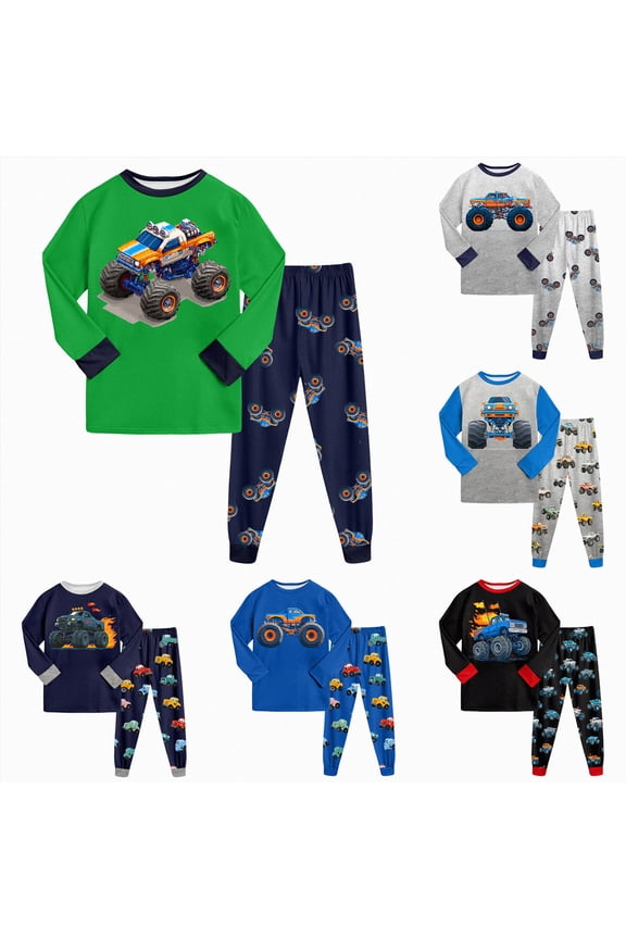 Toddler Boys Pajamas Monster Truck Cotton Planets Sleepwear Pjs Sets Long Sleeve Excavator Jammies Black,Size 5-6 Years