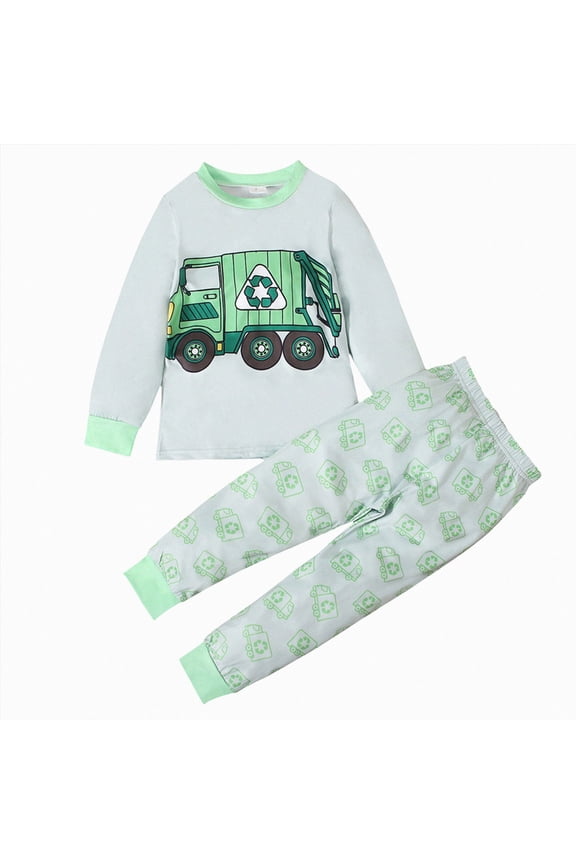 Toddler Boys Pajamas Monster Truck Cotton Planets Sleepwear Pjs Sets Long Sleeve Excavator Jammies (Green, 1-2 Yeas)