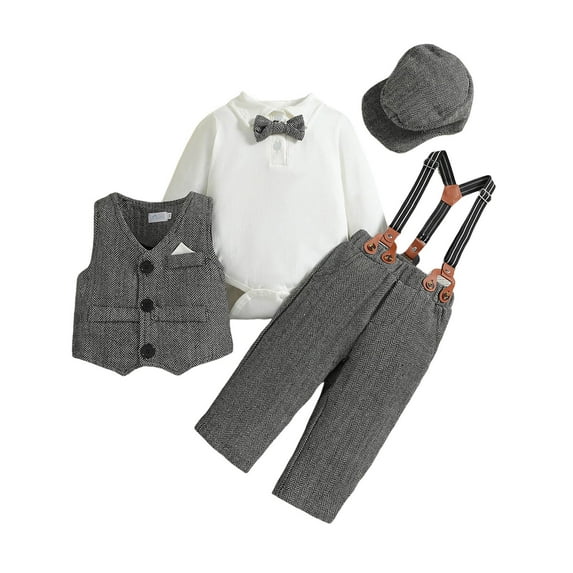 Gubotare Toddler Boys Wedding Outfit Baby Formal Outfit Boy Infant Clothes Toddler Gentleman Wedding Suit, Dress Shirt + Vest + Bow Tie + Pants Set 18 24 Months,(Grey 18-24 Months)