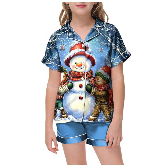 Gubotare Toddler Christmas Pajamas Girl Pajamas Set Printed Button Down Satin Short Sleeve Top and Shorts Set Sleepwear Loungewear Size 6-7 (Sky Blue,6-7 Years)