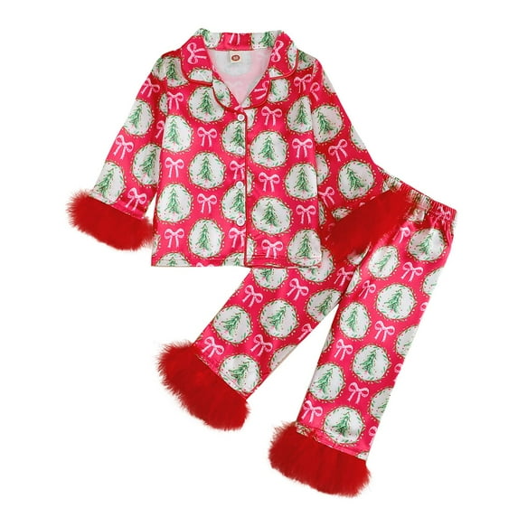 Gubotare Toddler Christmas Pajamas Matching Sets Toddler Baby Girl Christmas Satin Pajamas Fuzzy Trim Long Sleeve Bow Print Button Shirt Pants Kids Pjs Set Size 3t 4t (Red,3-4 Years)