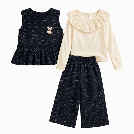 Gubotare Toddler Clothes for Girls Fall Girls' 3-Piece Outfit Set Wide Leg Pants Polka Dot & Lace Long Sleeve Crew Neck Casual Wear 12 18 Months (Blue,12-18 Months)