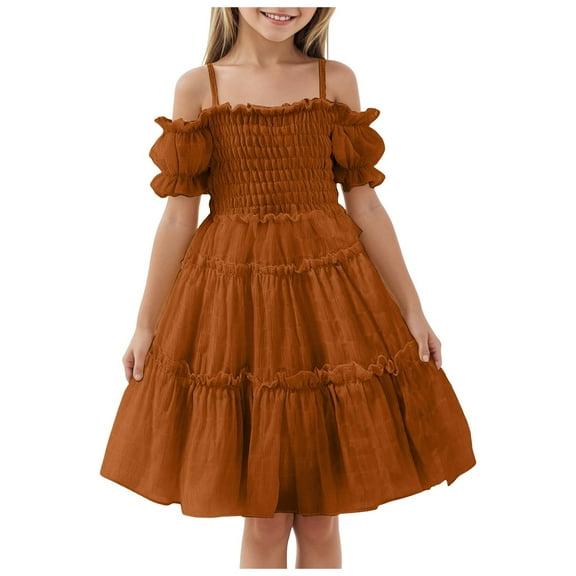 Gubotare Toddler Dresses for Girl Plaid Dress for Girls Kids Spaghetti Strap Birthday Dress (Brown,Size 7-8 Years)