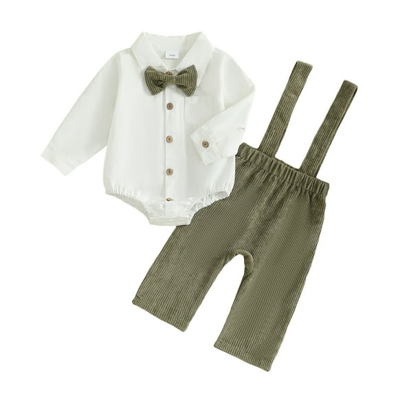 Gubotare Toddler Formal Outfit Boy Baby Boy Suit Gentleman Outfit Clothes Set Infant Long Sleeve Dress Shirt Suspender Pants Bowtie 0 3 Months,(Green 0-3 Months)
