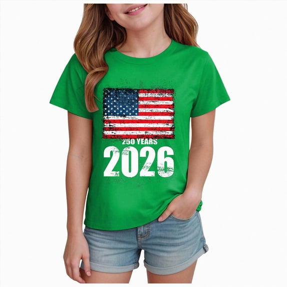 Gubotare Toddler Girl 4th of July Shirts Girl July 4th Crop Tops Stars Stripes Tshirt American Flag Girls Patriotic Outfits Size 7-8 (Green,7-8 Years)