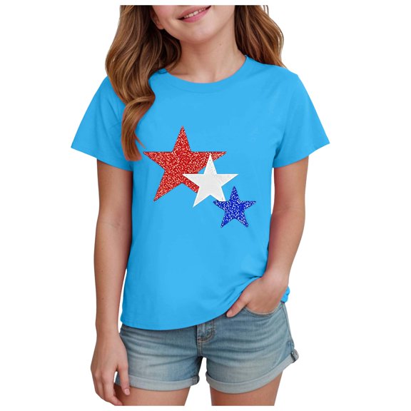 Gubotare Toddler Girl American Flag Shirt Girls' Short Sleeve Graphic T-Shirt,Tee with Fun Designs (Sky Blue,Size 9-10 Years)