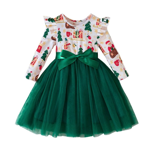 Gubotare Toddler Girl Christmas Dress Girls Ruffle Trim Dress Print and Solid Color A-line Swing Flared Belted Casual Party Dress with Zipper Size 7-8 (Green,7-8 Years)