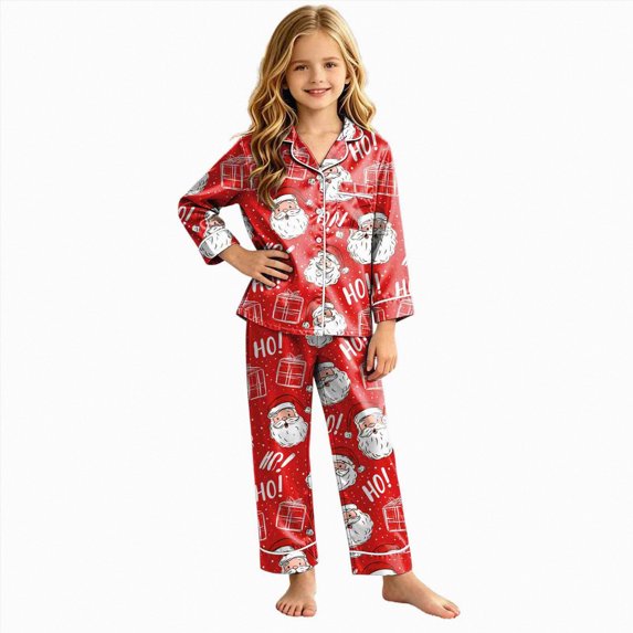 Gubotare Toddler Girl Christmas Pajamas in Satin with Long Sleeve Button Down and Open Front Holiday Loungewear Set 5T 6T,Watermelon Red