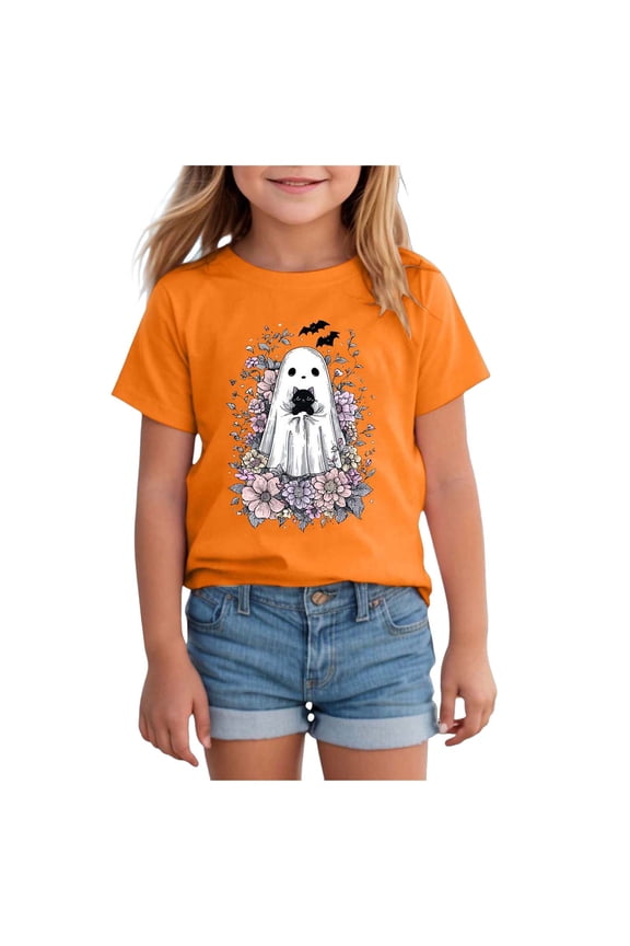 Toddler Girl Halloween Shirt Cutest Pumpkin in The Patch T-Shirt Pumpkin Graphic Short Sleeve Tee Tops Halloween Shirt for Kids (Orange,5-6 Years)