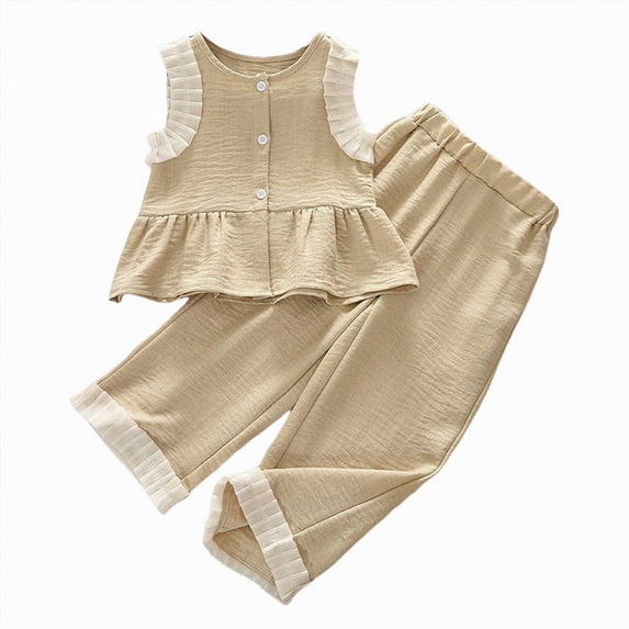 Gubotare Toddler Girl Outfit Toddler Baby Girl Clothes Sleeveless Smocked Ruffle Tank Tops and Long Pants Summer Little Girls Outfits 3T 4T (Khaki,3-4 Years)