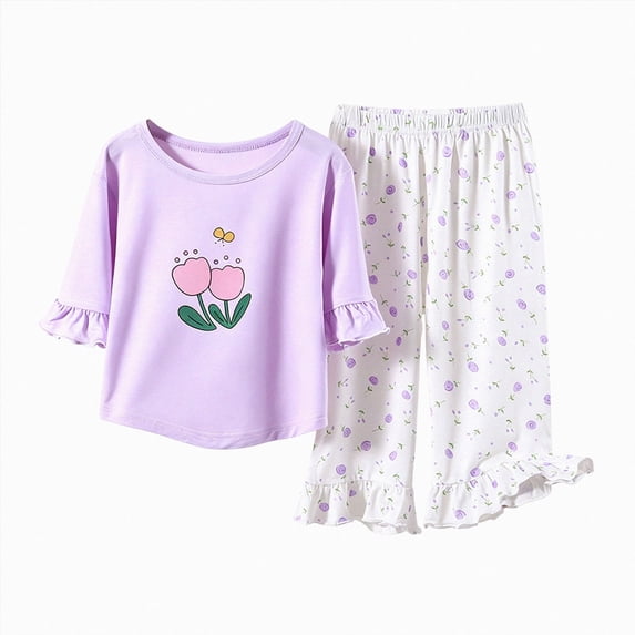Gubotare Toddler Girl Pajamas Cute Top Shirt and Long Pants Summer Sleepwear Set 3T 4T (Purple,3-4 Years)