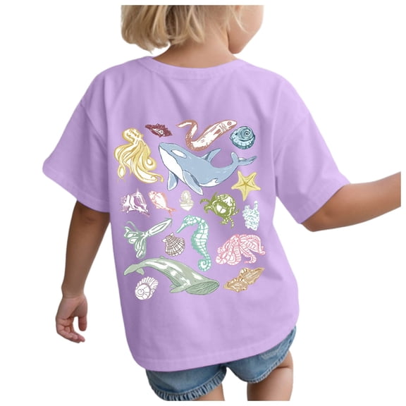 Gubotare Toddler Girl T Shirts Girl's Crop Top Graphic Tee Summer Round Neck Short Sleeve Pattern T Shirts (Light Purple,Size 7-8 Years)