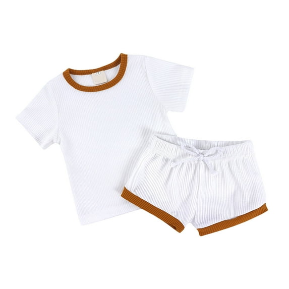 Gubotare Toddler Girl's 2 Piece Outfits Short Sleeve Round Neck Tee Shirts Top and Shorts Summer Set (White,9-12 Months)