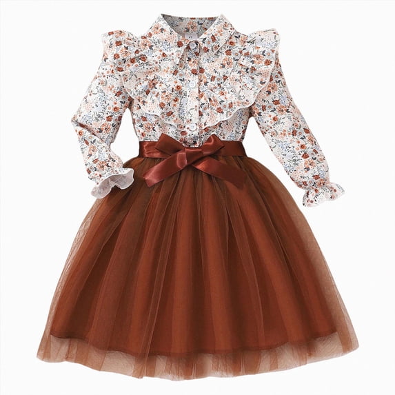 Gubotare Toddler Girl Formal Dress Floral Princess Toddler Girls Long Sleeve Ruffle Tulle Birthday Party Dress 4T 5T (Brown,4-5 Years)