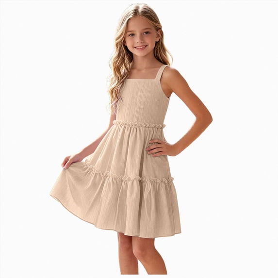 Gubotare Toddler Girls Dress Girls Summer Strap Dresses Flowy Tiered Ruched Smocked Back Casual Beach Sundress Size 7-8 (Beige,7-8 Years)