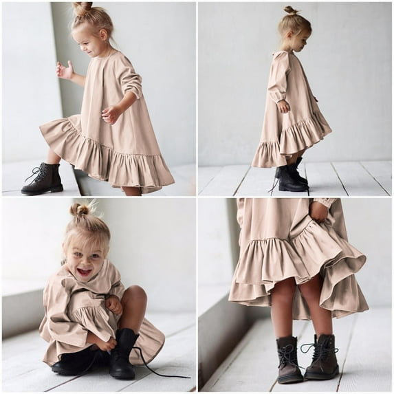 Gubotare Toddler Girls Dresses Baby Toddler Floral Print Bowknot Dress Colorblock Round Neck Long Sleeves Fall Dress for Girls,Khaki 7-8 Years