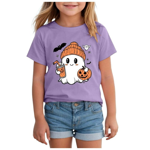 Gubotare Toddler Halloween Shirt Baby Boy Girls Pumpkin Tshirts Kids Fall Spooky Season Short Sleeve Tee Tops Halloween Short Sleeve Pajamas (Purple,13-14 Years)
