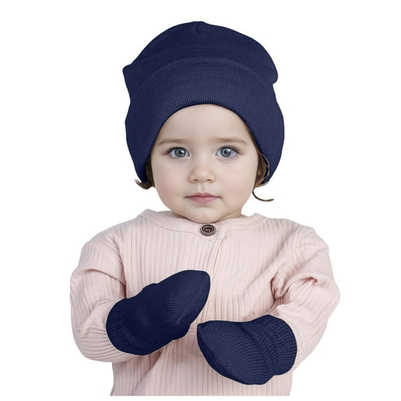 Gubotare Toddler Hat and Glove Set Toddler Hat and Mittens Set, Winter Soft Knit Beanies and Gloves Warm Cap for Infant Kids Girls Boys Daily Wear (Navy,2-8 Years)