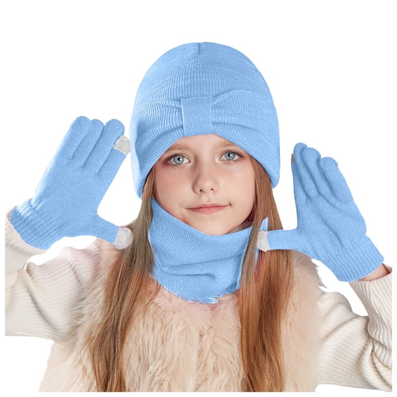 Gubotare Toddler Hat and Mitten Set Winter Kids Hat and Gloves Set for Boys Girls Toddler Pompom Knit Thick Warm Beanie for Cold Weather (Light Blue,One Size)