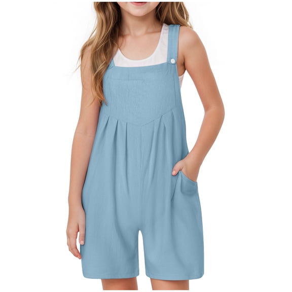 Gubotare Toddler Jumpsuit for Girls Girls Summer Jumpsuits Sleeveless Casual Romper Short Adjustable Spaghetti Straps Size 13-14T (Blue,13-14 Years)