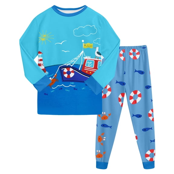 Gubotare Toddler Pajamas for Boys Long Set Toddler Outfits Little Boys Pajamas Cartoon Print Cotton 2 Piece Train Sleepwear Fall Winter Clothes Set Size 7-8 Years (Blue,7-8 Years)