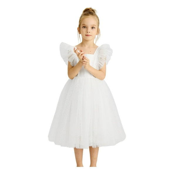 Gubotare Toddler Party Dress Girls Tulle Dress Toddler Flutter Sleeve Tutu Dress Summer Flower Birthday Party Princess Dresses (White,Size 1-2 Years)