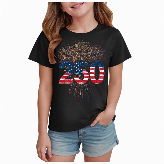 Gubotare Toddler Patriotic Shirt 250 Anniversary USA Girls' 1776-2026 United States Patriotic T-Shirt with American Flag Crew Neck Short Sleeve (Black,9-10 Years)