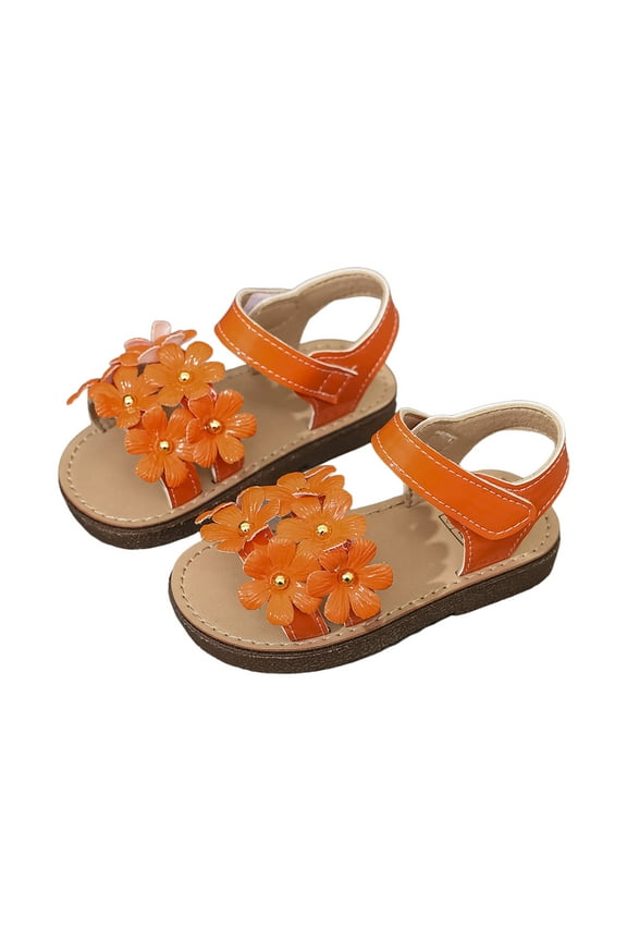 Little Girl's Open Toe Summer Princess Flat Flower Sandals Toddler Sandals Size 10 (Orange,Little Kids 10)
