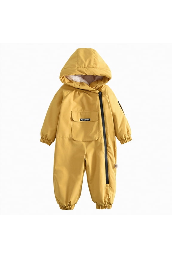 Toddler Ski Suit Baby Boys' Snow Pram - Newborn Sherpa Hood One Piece Snowsuit - Cozy Polar Fleece Lined Winter Coat for Baby Boys 1T 2T (Yellow,1-2 Years)