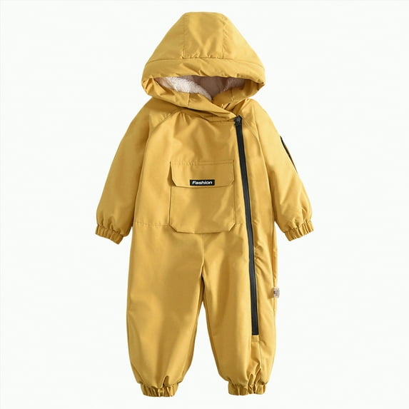 Gubotare Toddler Ski Suit Baby Boys' Snow Pram - Newborn Sherpa Hood One Piece Snowsuit - Cozy Polar Fleece Lined Winter Coat for Baby Boys 1T 2T (Yellow,1-2 Years)