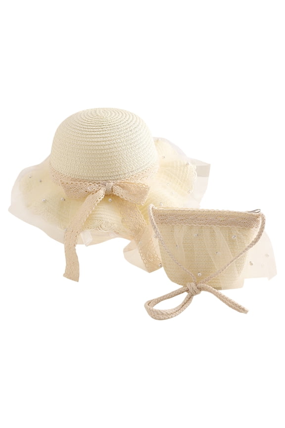 Toddler Sun Hats Girls 2Pcs Girls Straw Hat Purse Bag Sets Summer Beach Wide Brim Sun Hats Princess Shoulder Crossbody Bag Chin Strap (White,Size 2-8 Years)