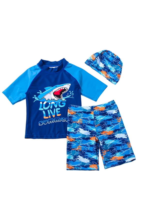 Toddler Swimsuit Boy 3 Piece Boys Swim Set Short Sleeve Boys Swim Shirt Boy Swim Trunks Rash Guard Bathing Suits 12 18 24 Months 3T 4T 5T-9T (Blue,3-4 Years)