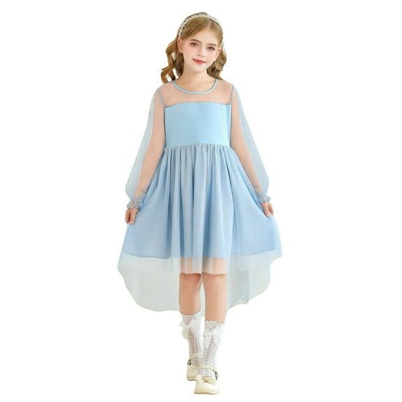 Gubotare Toddler Tulle Dress Girls Long Sleeve Basic Skater Dress and A Line Swing School Party Dress (Sky Blue,Size 5-6 Years)