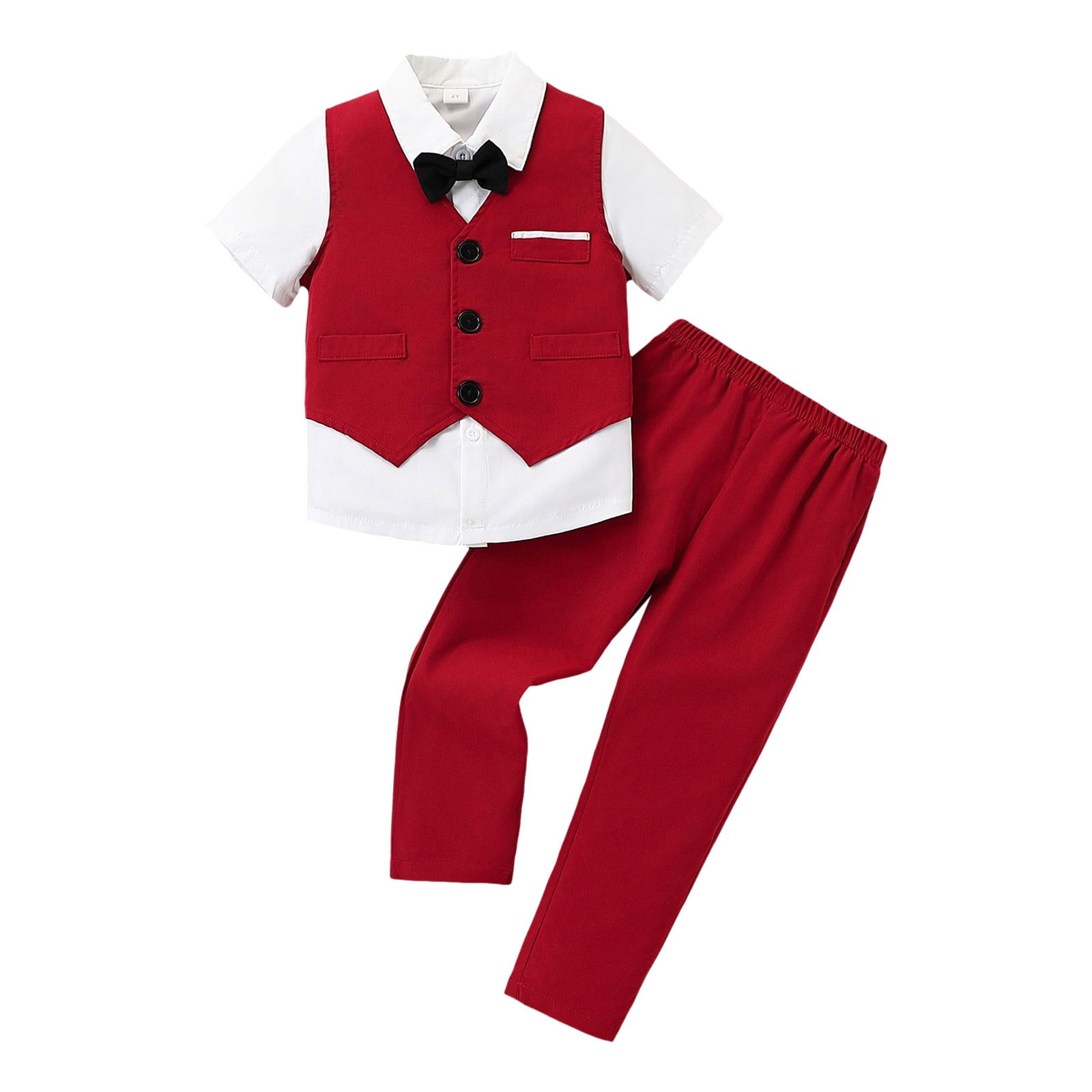 Gubotare Toddler Wedding Outfit Boy Toddler Boy Suit Gentleman Outfit Button up Shirt Bow Tie Vest Elastic Pants Formal Clothes 6-7,(Red 6-7 Years)