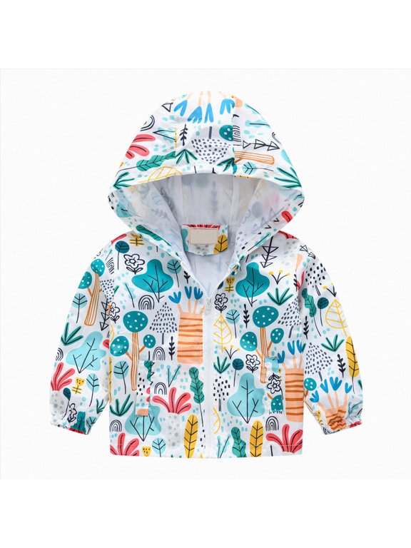 Baby Jacket Toddler Windproof Jacket Lightweight Boys Girls Print Hooded Zip-Up 12M-5Y (White C,3-4 Years)