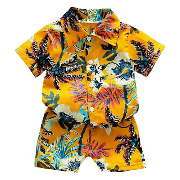 Gubotare Tropical Outfit for Boys Boy's 2 Piece Boho Outfits Short Sleeve Tropical Button Down Hawaiian Shirt Tops and Track Shorts 18 24 Months 2T 3T 4T (Yellow,5-6 Years)