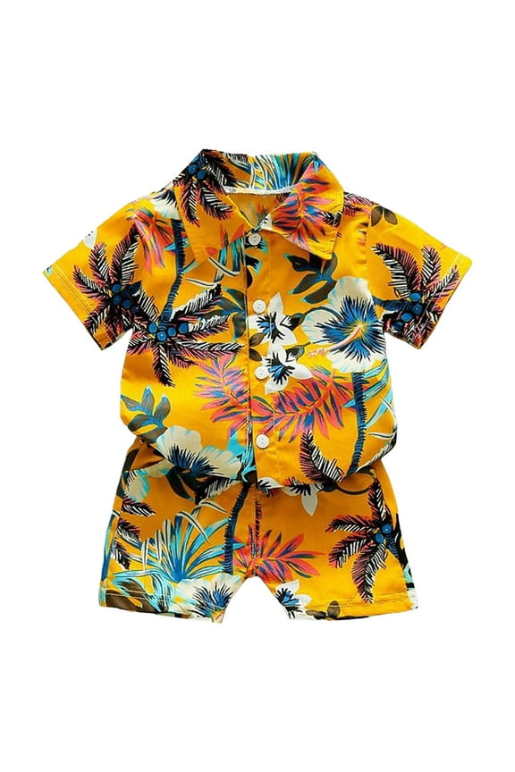 Tropical Outfit for Boys Boy's 2 Piece Boho Outfits Short Sleeve Tropical Button Down Hawaiian Shirt Tops and Track Shorts 18 24 Months 2T 3T 4T (Yellow,5-6 Years)